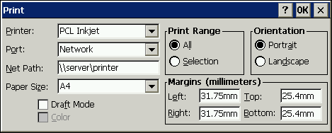 Windows CE Application Print Dialogue